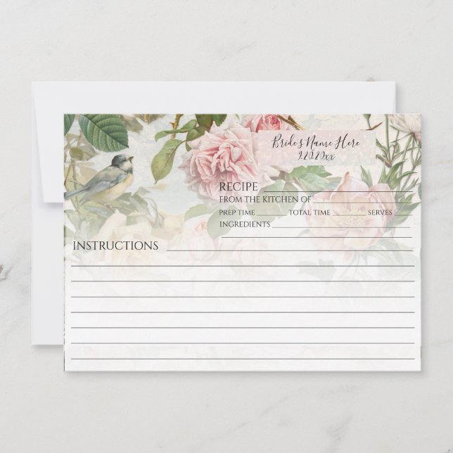Elegant Botanical Floral w Birds Bridal Recipe  Invitation (Front)