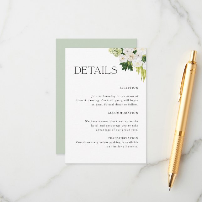 Elegant Botanical Floral Wedding Details Enclosure Card (Front/Back In Situ)