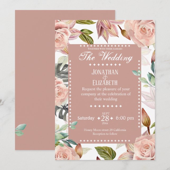 Elegant botanical floral wedding invitation roses  (Front/Back)