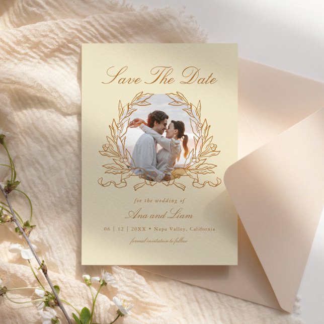 Elegant Botanical Floral Wreath Photo Wedding Save The Date (Creator Uploaded)