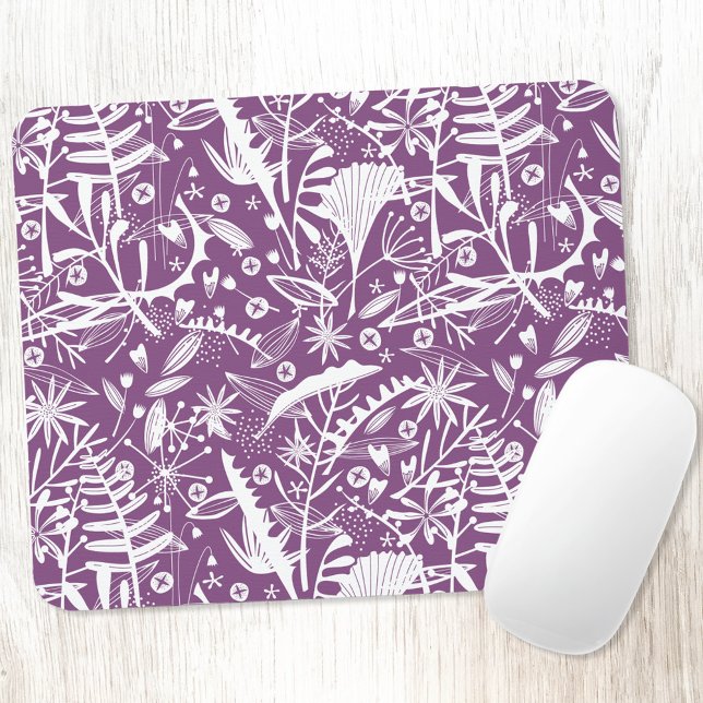 Elegant Botanical Folage Purple Mouse Mat (Purple and white botanical pattern mousemat)