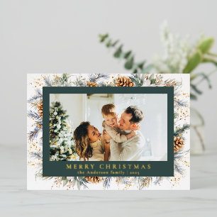 Elegant Botanical Foliage Dark Green Christmas Foil Holiday Card