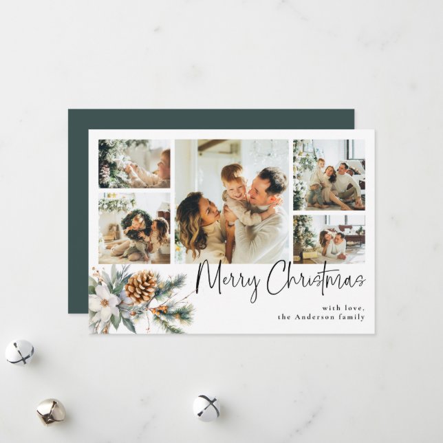 Elegant Botanical Foliage Multi Photo Christmas Holiday Card (Front/Back In Situ)