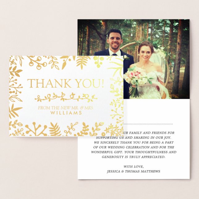 Elegant Botanical Foliage Photo Wedding Thank You Foil Card (Display)