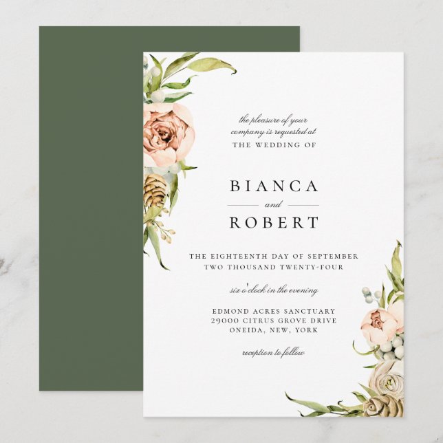 Elegant Botanical Forest Floral Wedding Invitation (Front/Back)