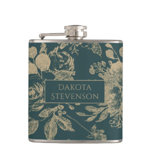 Elegant Botanical Forest Green Sepia Gold Floral Hip Flask