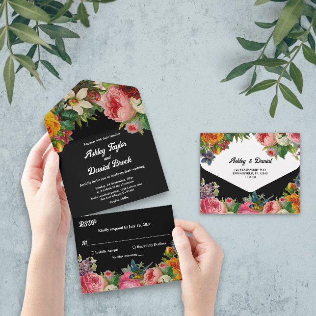Elegant Botanical Garden Boho Black Floral Wedding All In One Invitation (Creator Uploaded)