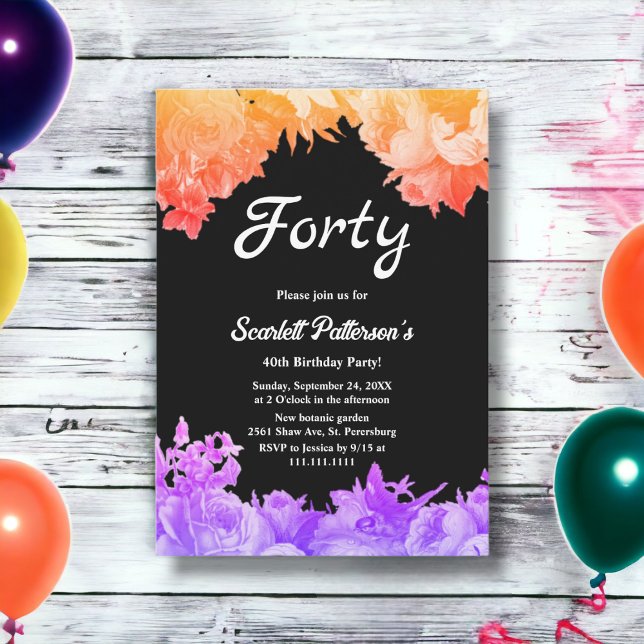 Elegant Botanical Garden Neon Floral 40th Birthday Invitation (Creator Uploaded)