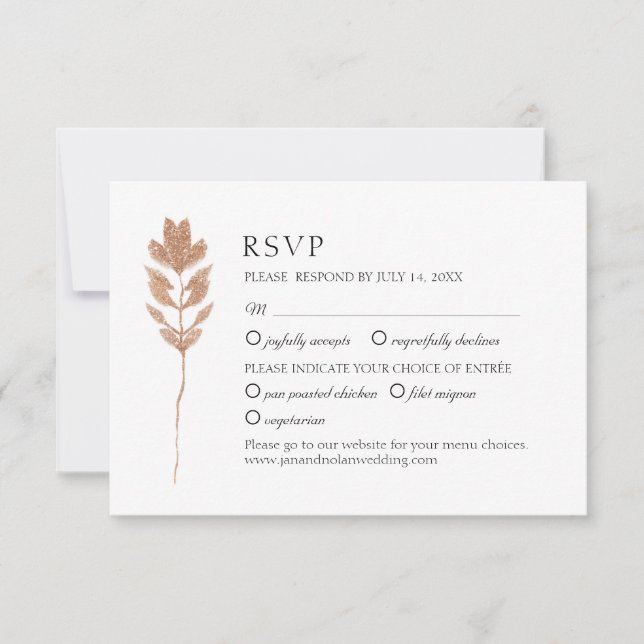 Elegant botanical gold flower. Modern wedding RSVP Card (Front)