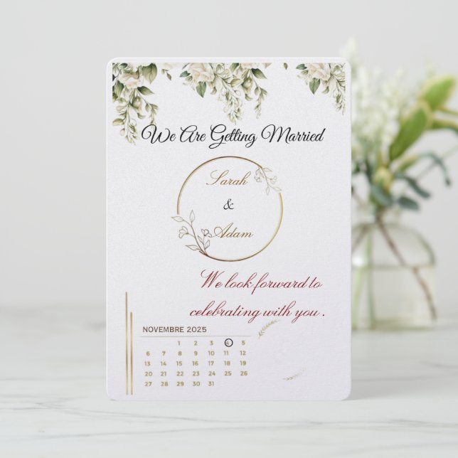  Elegant botanical gold frame save the date card (Standing Front)