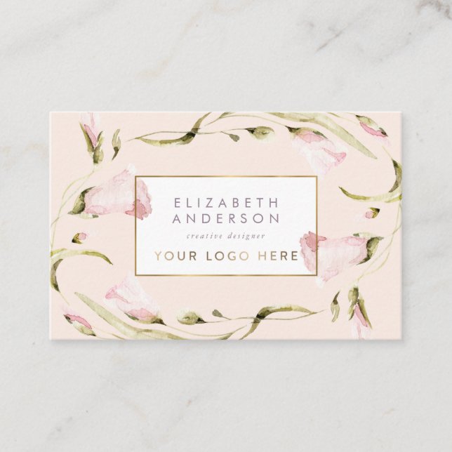 Elegant Botanical Gold Frame Wildflower Logo Business Card (Front)