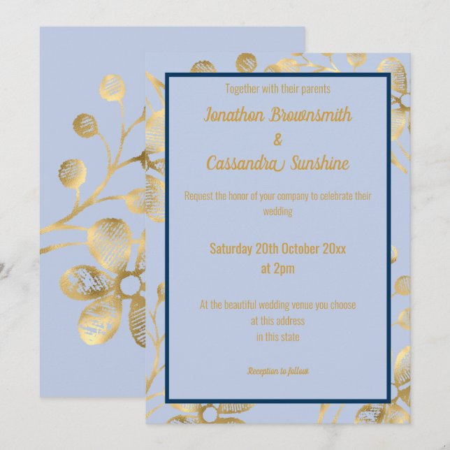 ELEGANT BOTANICAL GOLD PERIWINKLE NAVY WEDDING INVITATION (Front/Back)