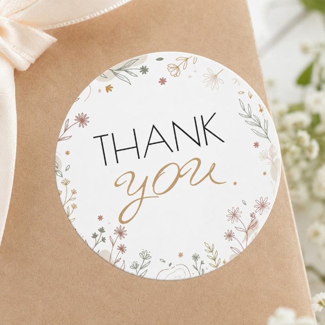 Elegant Botanical Gold Script Thank You Classic Round Sticker (Elegant Botanical Gold Script Thank You Classic Round Sticker)