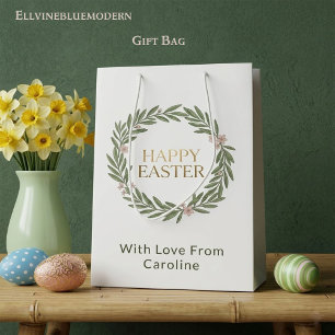 Elegant Botanical Gold Wreath Moss Green Easter Medium Gift Bag