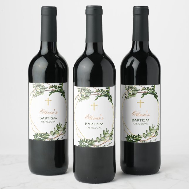 Elegant Botanical Golden Baptism Wine Label (Bottles)