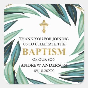 Elegant Botanical Golden Boy Baptism Thank You Square Sticker