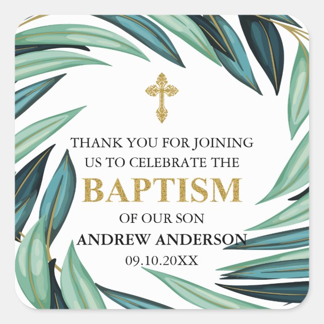 Elegant Botanical Golden Boy Baptism Thank You Square Sticker (Front)
