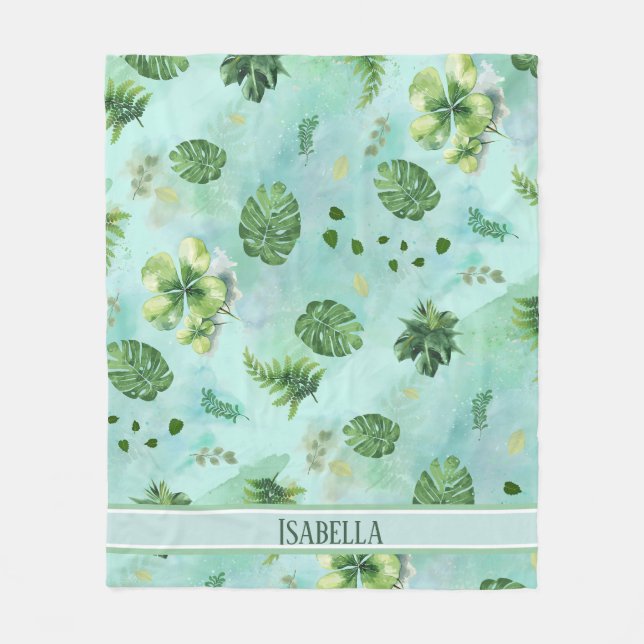 Elegant Botanical Gradient in Lush Green Fleece Blanket (Front)