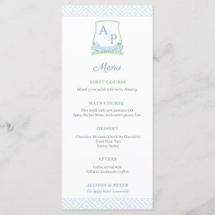 Elegant Botanical Green Blue Monogram Wedding Menu