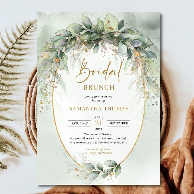 Elegant botanical green eucalyptus gold geometric  invitation (Rustic watercolor eucalyptus greenery gold brunch and bubbly invitation )