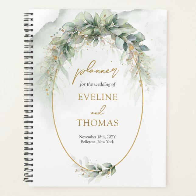 Elegant botanical green eucalyptus gold geometric  planner (Front)