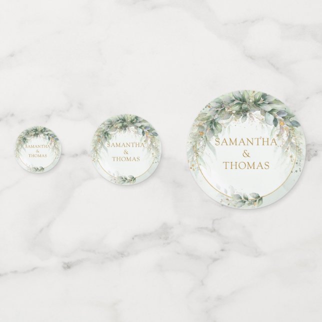 Elegant botanical green eucalyptus gold wedding  confetti (Fronts)