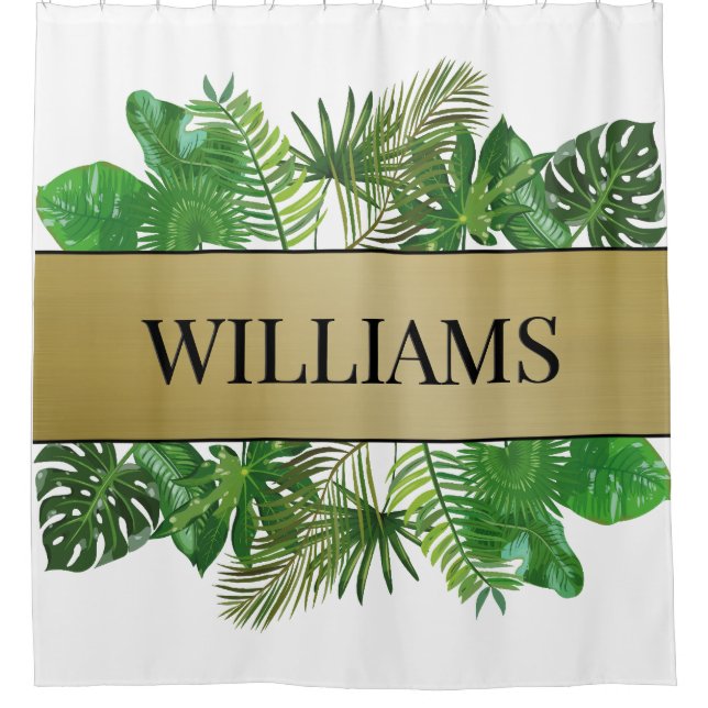 Elegant Botanical Green Faux Gold Palm Leaf Shower Curtain (Front)