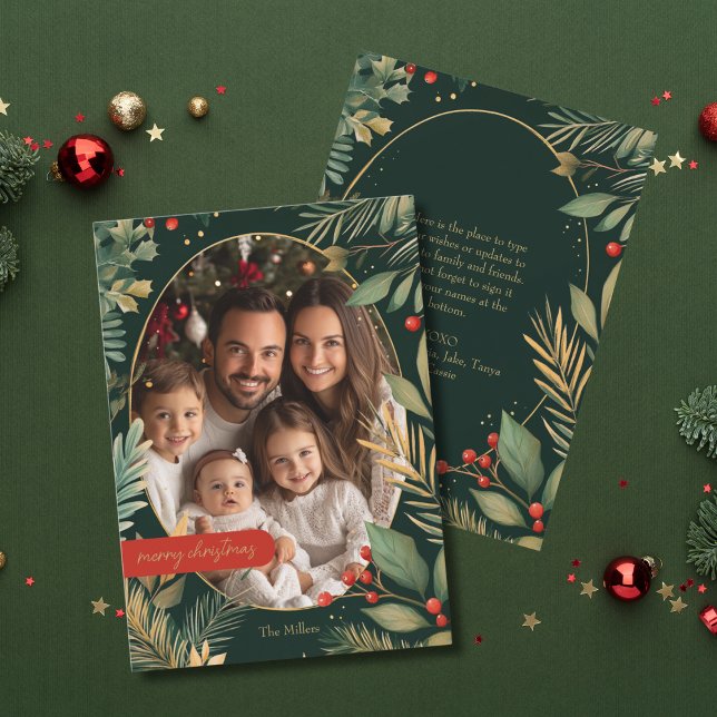 Elegant Botanical Green Gold Foliage Xmas Photo Holiday Card (Creator Uploaded)