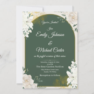 Elegant Botanical Green & Gold Wedding Invitation