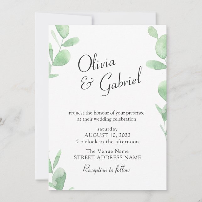 Elegant botanical green Greenery. Simple Wedding Invitation (Front)