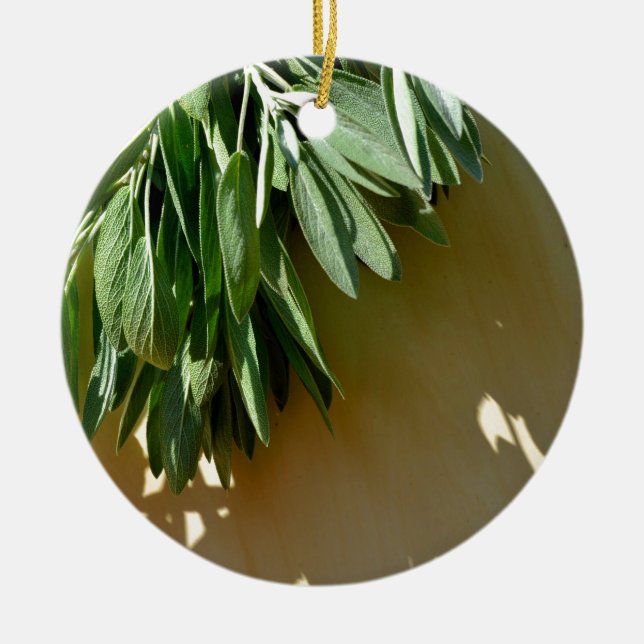 Elegant botanical green herbs leaves sage ceramic tree decoration (Front)