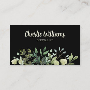 Elegant botanical green leaves black business card