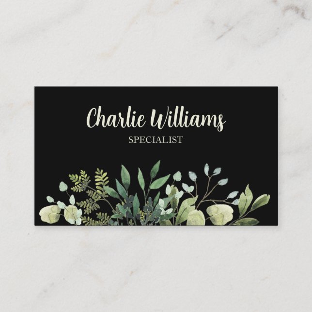Elegant botanical green leaves black business card (Front)