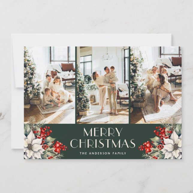Elegant Botanical Green Photo Collage Christmas Holiday Card (Front)