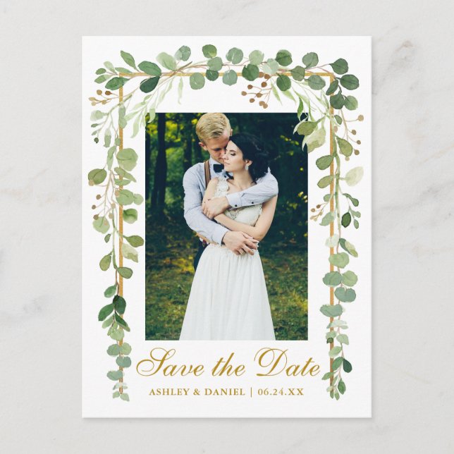 Elegant Botanical Green Photo Gold Save The Date Announcement Postcard (Front)