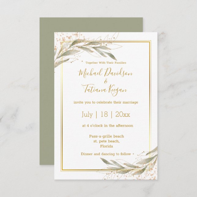 elegant botanical green sage gold script wedding invitation (Front/Back)