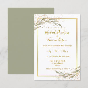 elegant botanical green sage gold script wedding invitation