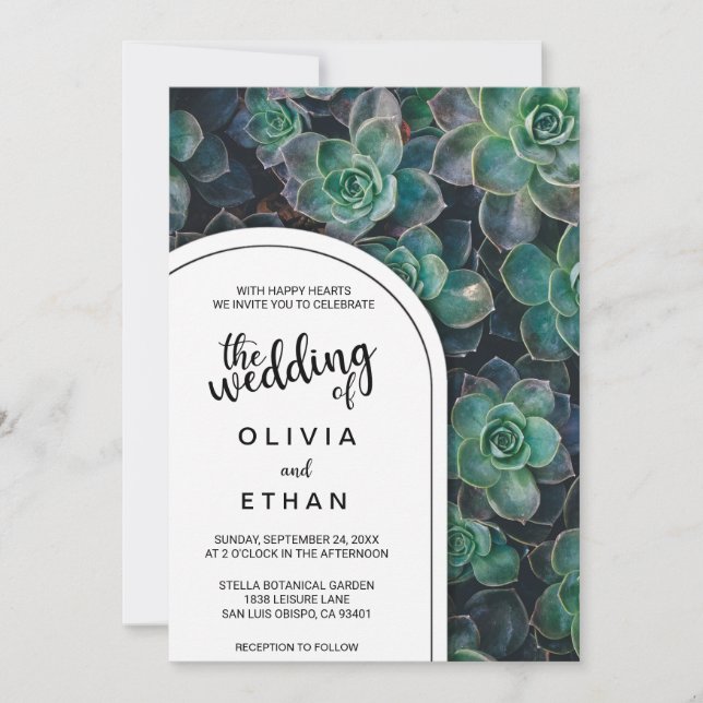 Elegant Botanical Green Succulent Floral Wedding Invitation (Front)