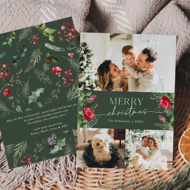 Elegant Botanical Greenery 3 Photo Merry Christmas Holiday Card (Creator Uploaded)