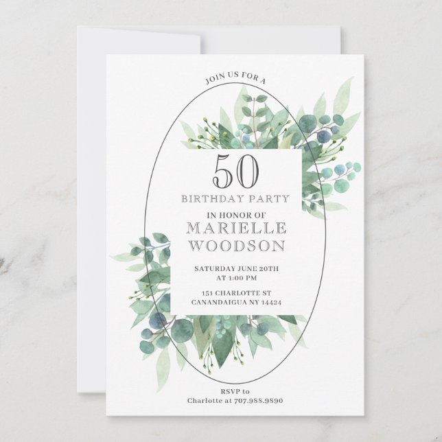 Elegant Botanical Greenery 50th Birthday  Invitation (Front)