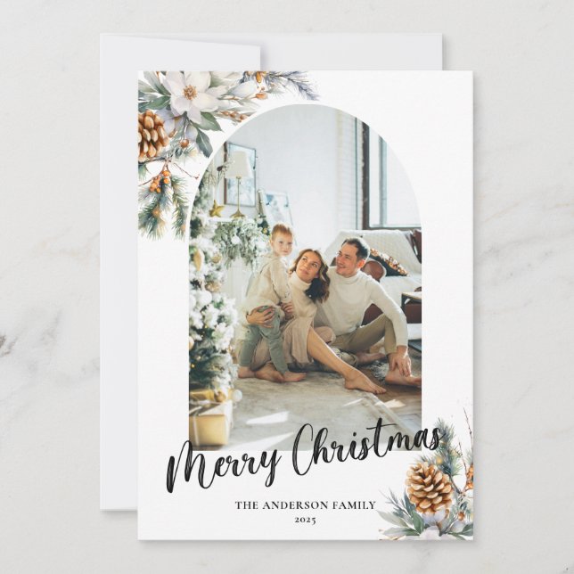 Elegant Botanical Greenery Arch & Photo Christmas Holiday Card (Front)
