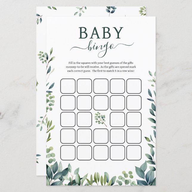 Elegant botanical greenery Baby Shower Bingo Game (Front/Back)