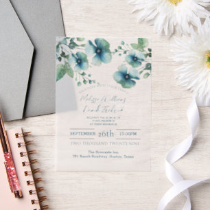 Elegant Botanical Greenery Blue Floral Wedding Vellum Invitations
