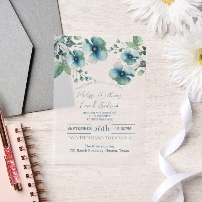 Elegant Botanical Greenery Blue Floral Wedding Vellum Invitations (Wedding)