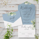 Elegant Botanical Greenery Dusty Blue Wedding All In One Invitation<br><div class="desc">All in one wedding invitation featuring botanical greenery rustic leaves and elegant typography. The invitation includes a perforated RSVP card that’s can be individually addressed or left blank for you to handwrite your guest's address details. Designed by Thisisnotme©</div>