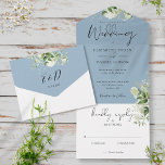 Elegant Botanical Greenery Dusty Blue Wedding All In One Invitation<br><div class="desc">All in one wedding invitation featuring botanical greenery rustic leaves and elegant typography. The invitation includes a perforated RSVP card that’s can be individually addressed or left blank for you to handwrite your guest's address details. Designed by Thisisnotme©</div>