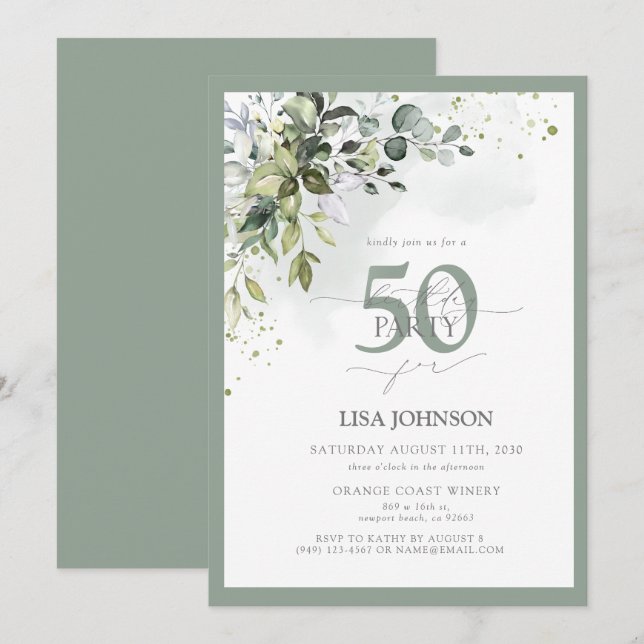 Elegant Botanical Greenery Floral 50th Birthday Invitation (Front/Back)