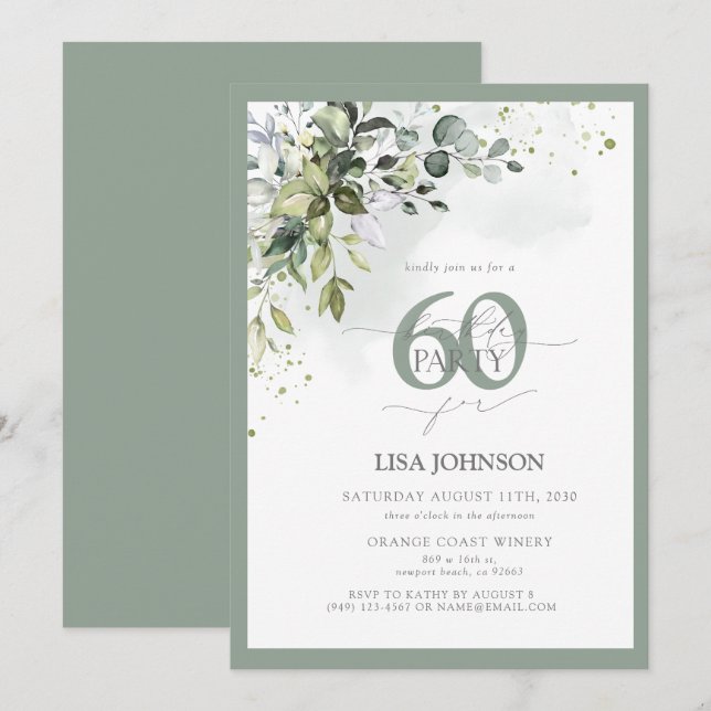 Elegant Botanical Greenery Floral 60th Birthday Invitation (Front/Back)