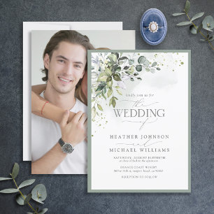 Elegant Botanical Greenery Floral Watercolor Photo Invitation