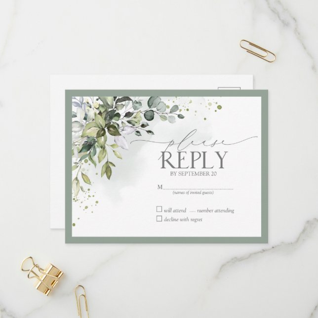 Elegant Botanical Greenery Floral Watercolor RSVP Invitation Postcard (Front/Back In Situ)